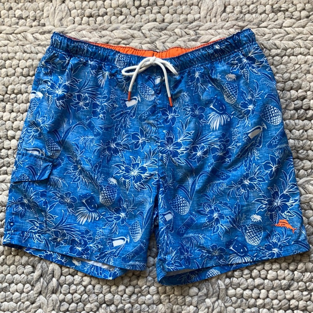 Tommy Bahama blue/orange tropical print swim trunks